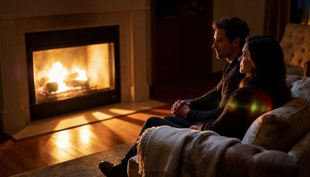 Couple sitting on sofa watching fireplace glow in cozy living room with throw blanket