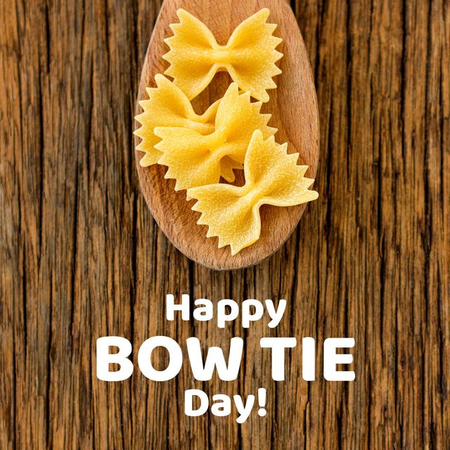 A creative depiction of raw farfalle pasta arranged on a wooden spoon with text celebrating Happy Bow Tie Day. Perfect for food blogs, culinary celebrations, Italian cuisine promotions, and social media posts highlighting unique food holidays. This visually appealing image captures the playful essence of a pasta-themed fun day.