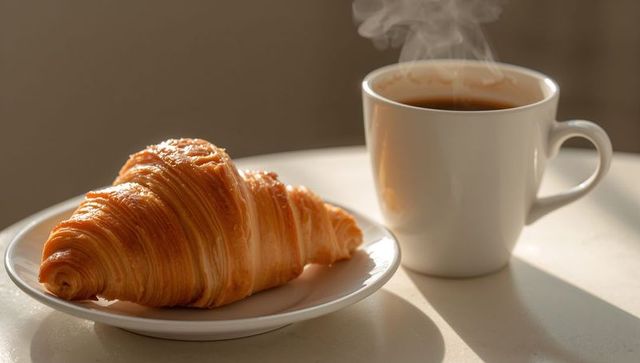 Golden flaky croissant sitting beside steaming coffee mug on sunlit minimalist table