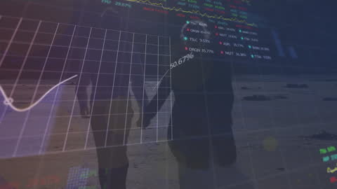 Senior Couple Enjoying Walk on Beach Amid Digital Stock Market Graphs