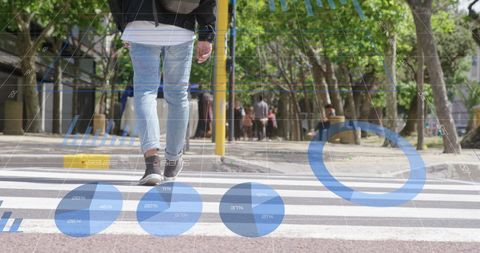 Person Walking in City with Futuristic Data Charts Overlay