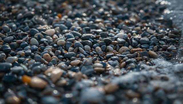 Glistening Wet Pebble Shoreline Macro with Sea Foam and Glossy Reflective Stones