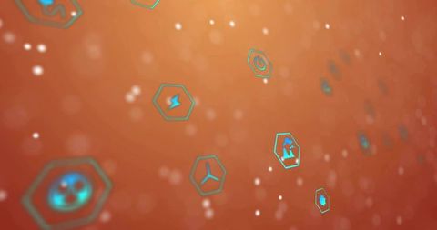 Floating tech icons in abstract digital space