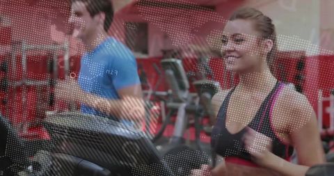 Smiling woman running on treadmill next to partner, halftone overlay, gym cardio motion