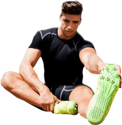 Caucasian male football player stretching on transparent background