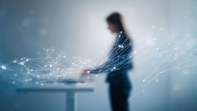Businesswoman standing at laptop with futuristic digital network visualization for ai