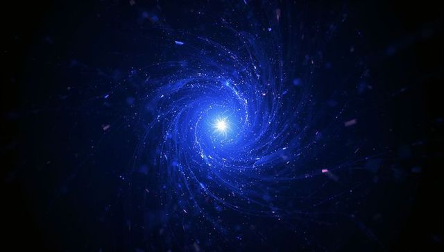 Swirling Blue Cosmic Vortex with Radiant Core and Neon Particle Filaments, Futuristic Energy Nebula