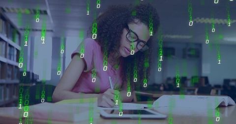 Student studying with tablet and notebook with floating binary code illustrating e-learning