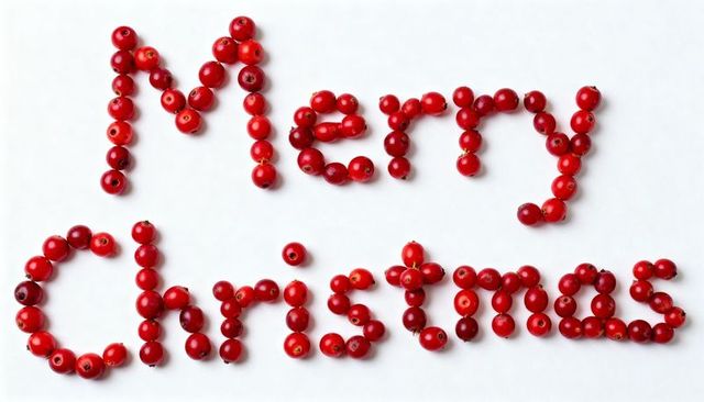 Cranberry Letters Spelling Merry Christmas on White Background Flatlay Minimal Holiday