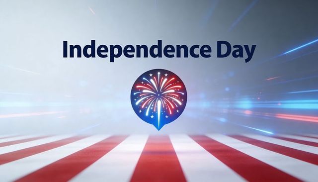 Independence day firework emblem over american striped stage featuring bold typography