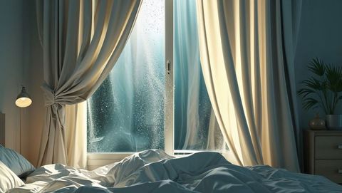 Cozy Bedroom with Raindrop Framed Window and Unmade Bed