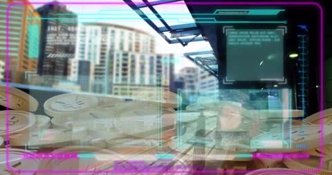 Futuristic Cryptocurrency Interface Over Urban Skyline
