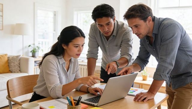 Sunlit home office team collaborating over laptop, brainstorming strategy and planning goals