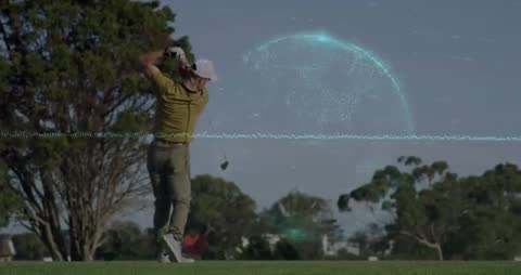 Golfer Swinging with Futuristic Digital Data Overlay on Fairway