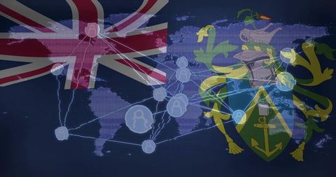 Connecting global digital network overlaying union jack and island coat of arms
