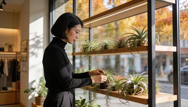 Woman arranging air plants on wooden shelf by storefront window with autumn light