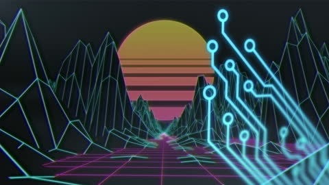 Futuristic Circuit Board Over Digital Mountains at Sunset