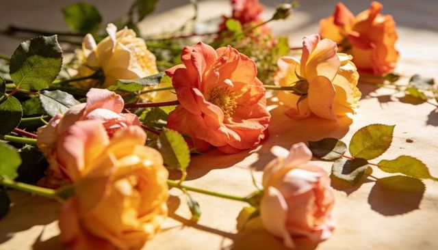 Sunlit coral and peach roses resting on parchment tabletop romantic still life
