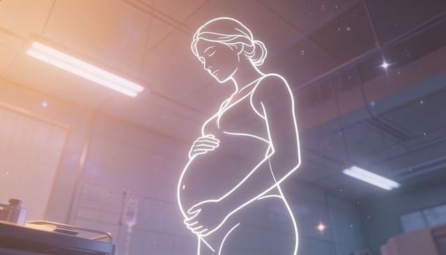 Luminous line-art pregnant woman cradling belly in hospital room soft glowing serenity