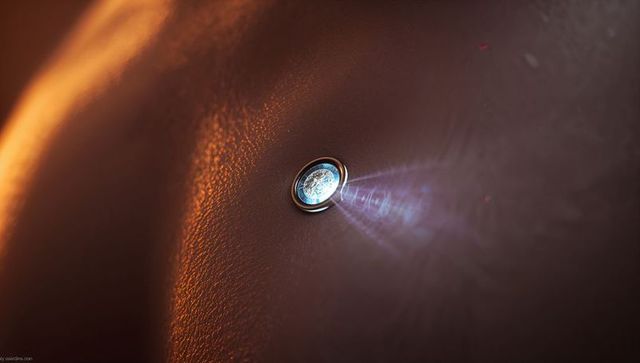 Shining metal door peephole reflecting bluish-white light with lens flare and texture