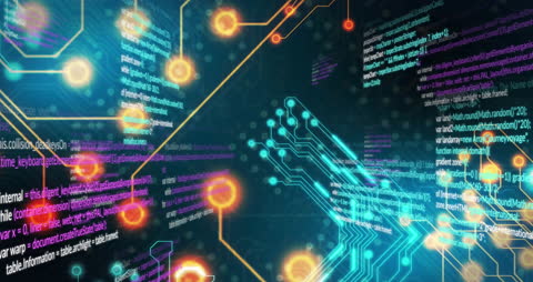 Futuristic Circuit Board with Digital Code Overlay