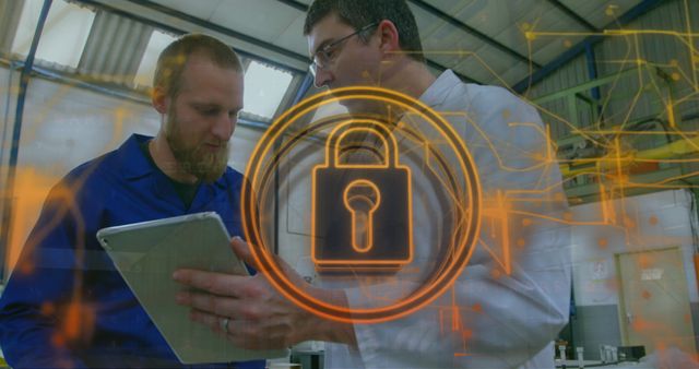 Professionals focus on data security using tablet in industrial facility. Suitable for content on cybersecurity, industrial technology, team collaboration, and digital safety in manufacturing environments.