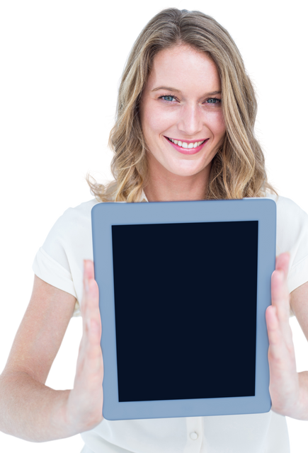 Smiling Woman Displaying Tablet Device on Transparent Background - Download Free Stock Videos Pikwizard.com