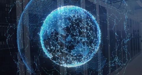 Holographic Globe Projecting Blue Node Mesh Over Server Racks Visualizing Global Network