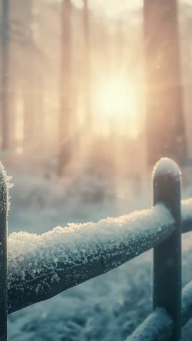 Sunlight Peeking Through Frosted Forest Rail, Snowflakes Drifting in Vertical Winter Video