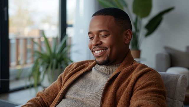 Content Man Relaxing on Sofa by Glass Door in Modern Living Room