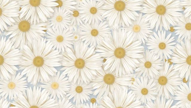White daisy seamless pattern with gold centers on pale blue background textile wallpaper