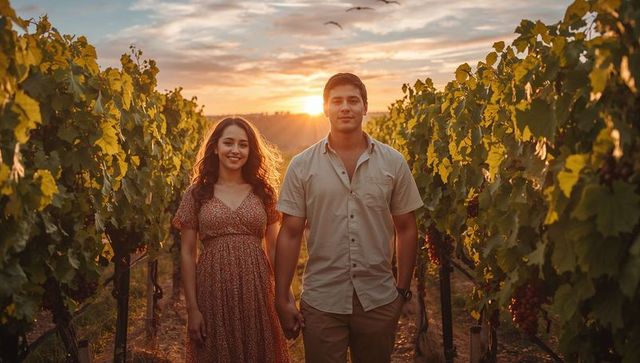 Sunset romance in vineyard holding hands walking through golden hour grapevines warm backlighting