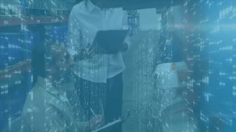 Digital Data Streams Surrounding Diverse Warehouse Workers