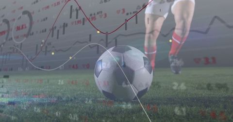 Soccer analytics converging with play, ball resting on wet pitch, player approaching