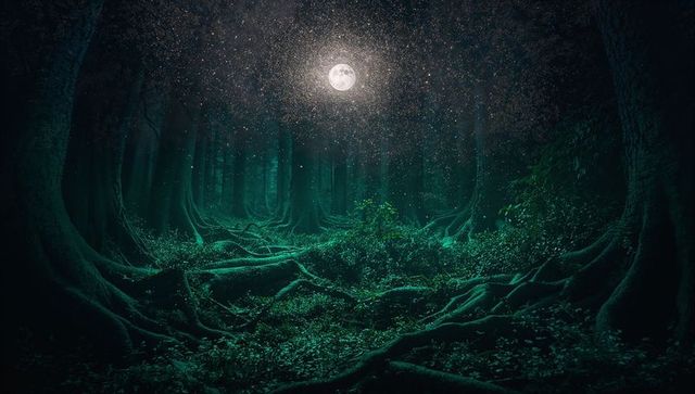 Mystical Moonlit Forest with Enchanting Glow and Luminescent Particles