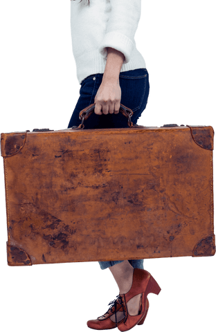 Walking with vintage suitcase transparent background