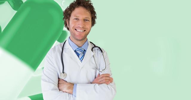 This image features a smiling doctor with arms crossed, standing confidently against a background of medicine. Ideal for use in healthcare-related content, medical websites, pharmaceutical advertisements, and health service promotions. It conveys professionalism, trust, and expertise in the medical field.