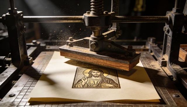 Antique cast-iron press pressing woodcut of jesus on cream paper with dust and patina
