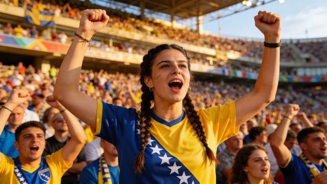Cheering bosnia supporters raising fists and shouting in stadium, wearing yellow-blue jerseys