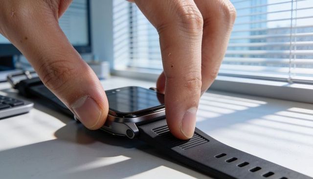 Right hand adjusting square smartwatch on sunlit desk next to laptop and blinds