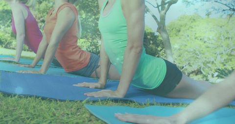 Women practicing outdoor yoga backbends on blue mats in sunny park for group fitness