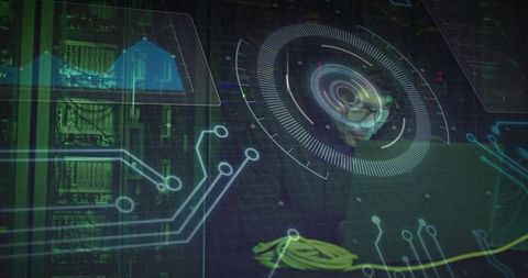 Korean technician leaning over servers, checking AR visor HUD with holographic data overlay