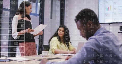 Leading woman presenting financial report in boardroom with colleagues and market overlay