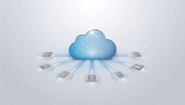 Glowing blue cloud connecting multiple devices with light beams for cloud computing