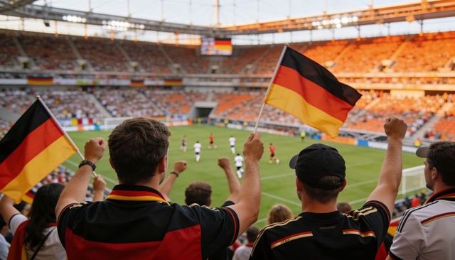 Fans cheering and waving german flags in sunlit stadium during international football match