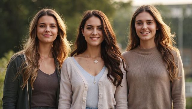 Three smiling young women standing outdoors wearing casual autumn outfits portrait