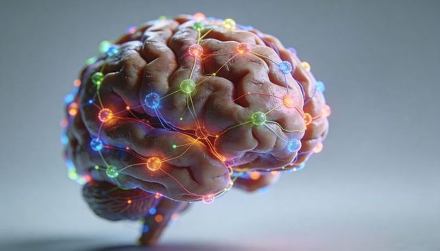 Glowing neural network on human brain model illustrating synaptic connectivity and ai concept
