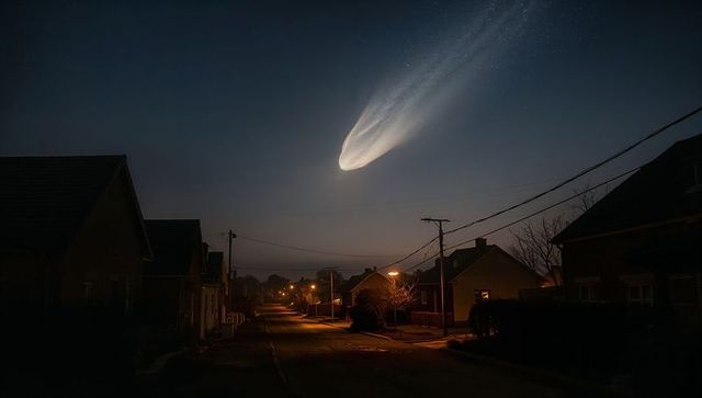Streaking comet lighting quiet suburban street at night with luminous tail and lamplight
