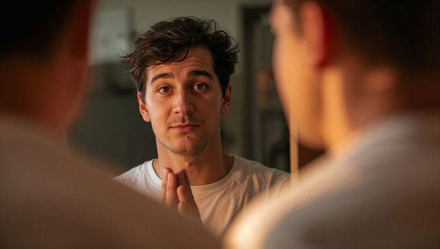 Young man practicing quiet self-reflection in bathroom mirror with warm golden light