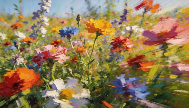 Blooming wildflower meadow showing painterly brushstrokes, impressionist floral closeup